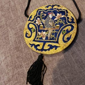 Vtg. Silk Brocade Purse Hand Stitched Bird Motif